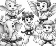 Coloriage Gar&ccedil;on avec ses amis en uniforme de karate