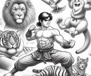 Coloriage Lutteur des arts martiaux avec des animaux