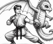 Coloriage Maitre des arts martiaux avec un dragon mignon