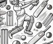 Coloriage Batteur de Cricket avec plusieurs battes et Balles