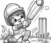 Coloriage Le petit garcon portant un casque de batteur de Cricket