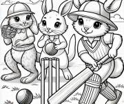 Coloriage Les lapins en jouant un match de Cricket