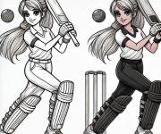 Coloriage Sport f&eacute;minine de Cricket avec un mod&egrave;le en couleur