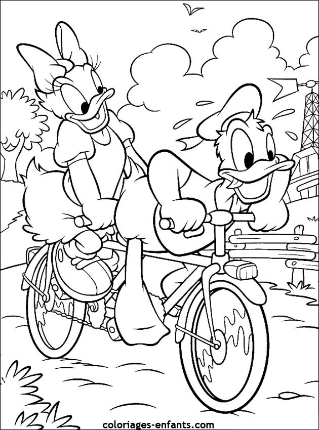 Coloriage et dessins gratuits Donald Duck et Daisy sur  Vélo à imprimer