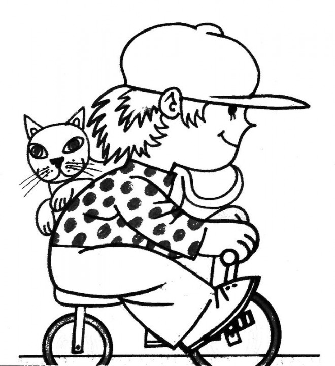 Coloriage et dessins gratuits Enfant et son chat sur sa bicyclette à imprimer