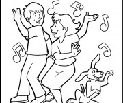 Coloriage Enfants et chien Dansent