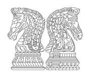 Coloriage Deux cavaliers stylis&eacute; de jeu &eacute;checs