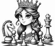 Coloriage La belle reine devant les pi&egrave;ces d'&eacute;checs