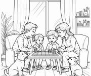 Coloriage La famille s'amuse en jouant aux échecs