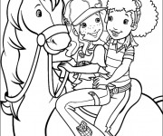 Coloriage Deux filles sur un cheval