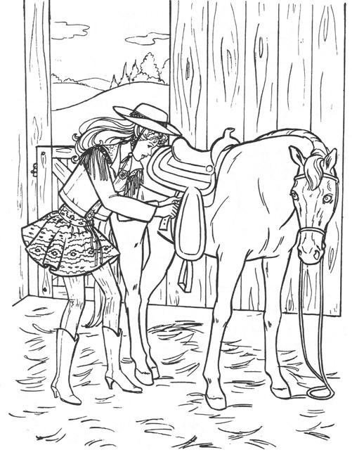 Coloriage et dessins gratuits Fille prend soin de son cheval à imprimer