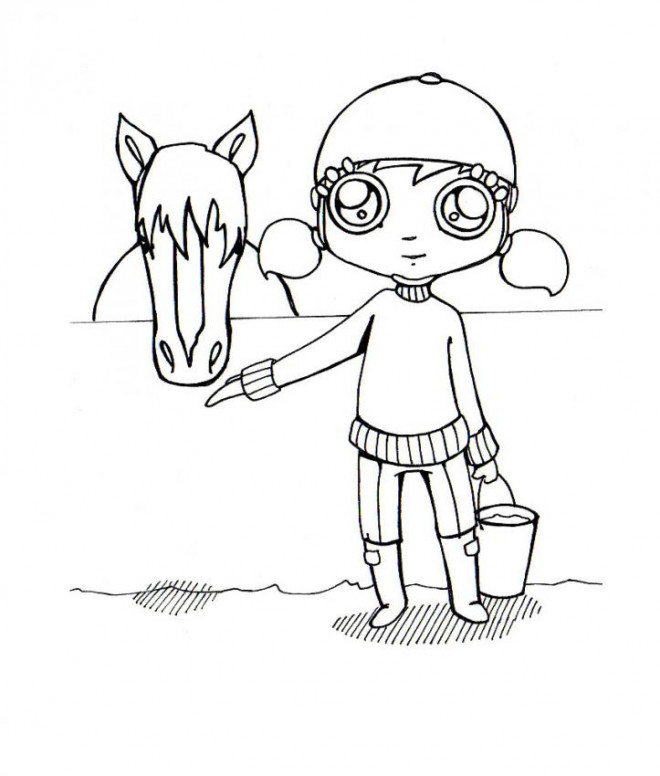 Coloriage et dessins gratuits La fille et son cheval Kawaii à imprimer