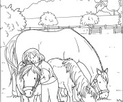 Coloriage La fillette et la famille de chevaux