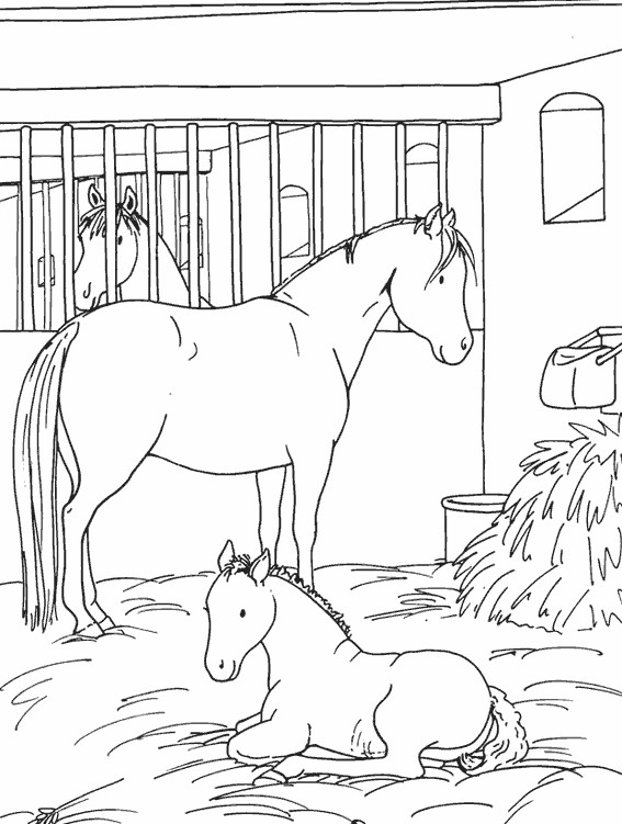 Coloriage Un Cheval et son petit dans le stable dessin gratuit à imprimer