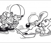 Coloriage Enfant et Chien jouent au Hockey