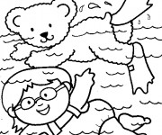 Coloriage Fille et Ours nagent