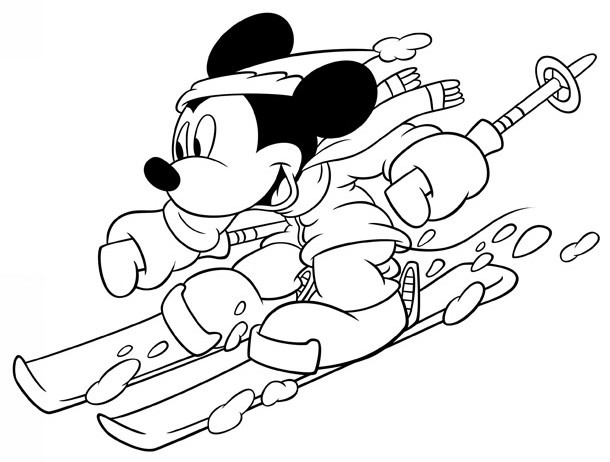 Coloriage et dessins gratuits Mickey Mouse en ski alpin à imprimer