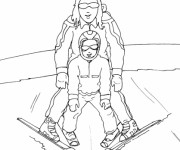 Coloriage P&egrave;re et Fils Skieurs