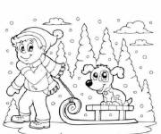 Coloriage Enfant avec son chien &agrave; la luge