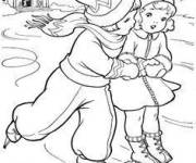 Coloriage et dessins gratuit Le gar&ccedil;on apprends &agrave; la fille &agrave; skier à imprimer