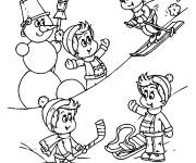 Coloriage Les enfants avec le bonhomme de neige en Sports d'hiver
