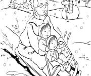 Coloriage Les enfants avec papa sur la luge