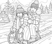 Coloriage Paysage des enfants sur la luge pendant un climat neigeux