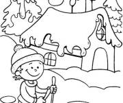 Coloriage Petit skieur devant sa maison