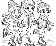 Coloriage Trois enfants font de Patinage sur glace