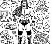 Coloriage Catcheur de la WWE avec &eacute;l&eacute;ments pour enfants