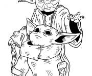 Coloriage et dessins gratuit Baby Yoda avec son grand p&egrave;re le maitre Yoda à imprimer