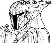 Coloriage et dessins gratuit Baby Yoda avec son protecteur le Mandalorien à imprimer