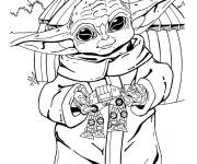 Coloriage B&eacute;b&eacute; Yoda avec son jouet robot du film mandalorien