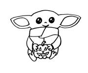 Coloriage B&eacute;b&eacute; Yoda avec une citrouille de Halloween