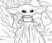 Coloriage B&eacute;b&eacute; Yoda boit du th&eacute;
