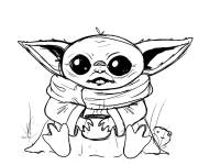 Coloriage B&eacute;b&eacute; Yoda en buvant de la soupe