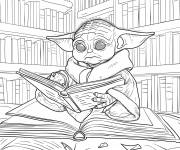 Coloriage B&eacute;b&eacute; Yoda en lisant un livre dans la librairie