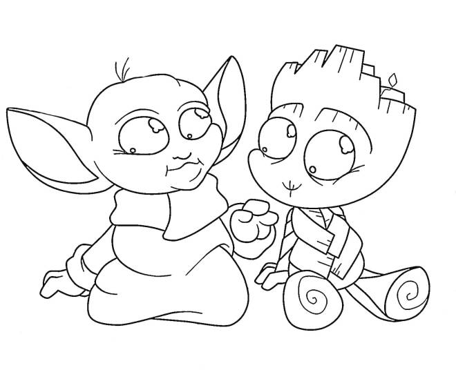 Coloriage Bébé Yoda et bébé Groot