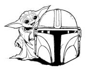Coloriage B&eacute;b&eacute; Yoda et la casque du mandalorien