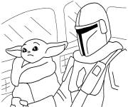 Coloriage B&eacute;b&eacute; Yoda et le mandalorien en mission dans l'espace