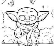 Coloriage B&eacute;b&eacute; Yoda s'amuse avec les papillons