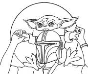 Coloriage B&eacute;b&eacute; Yoda sur les &eacute;paules de son ami le Mandalorien
