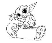 Coloriage B&eacute;b&eacute; Yoda sur un skateboard