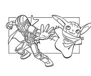 Coloriage Le Mandalorien et B&eacute;b&eacute; Yoda maternelle