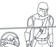 Coloriage Le mandalorien et le B&eacute;b&eacute; Yoda en route