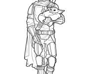 Coloriage Le protecteur Mandalorien tenant b&eacute;b&eacute; Yoda