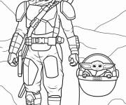 Coloriage Mandalorien marche avec b&eacute;b&eacute; Yoda