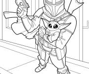 Coloriage Mandalorien portant l'adorable b&eacute;b&eacute; Yoda