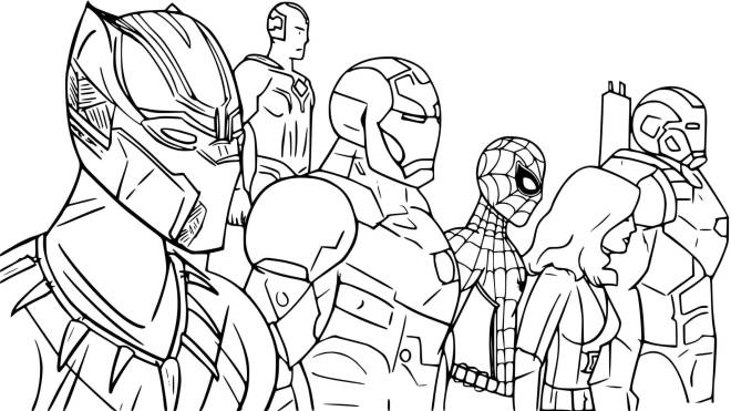 Coloriage et dessins gratuits Black Panther avec l'équipe Avengers à imprimer