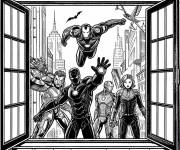 Coloriage Black Widow avec les l'équipe d'Avengers